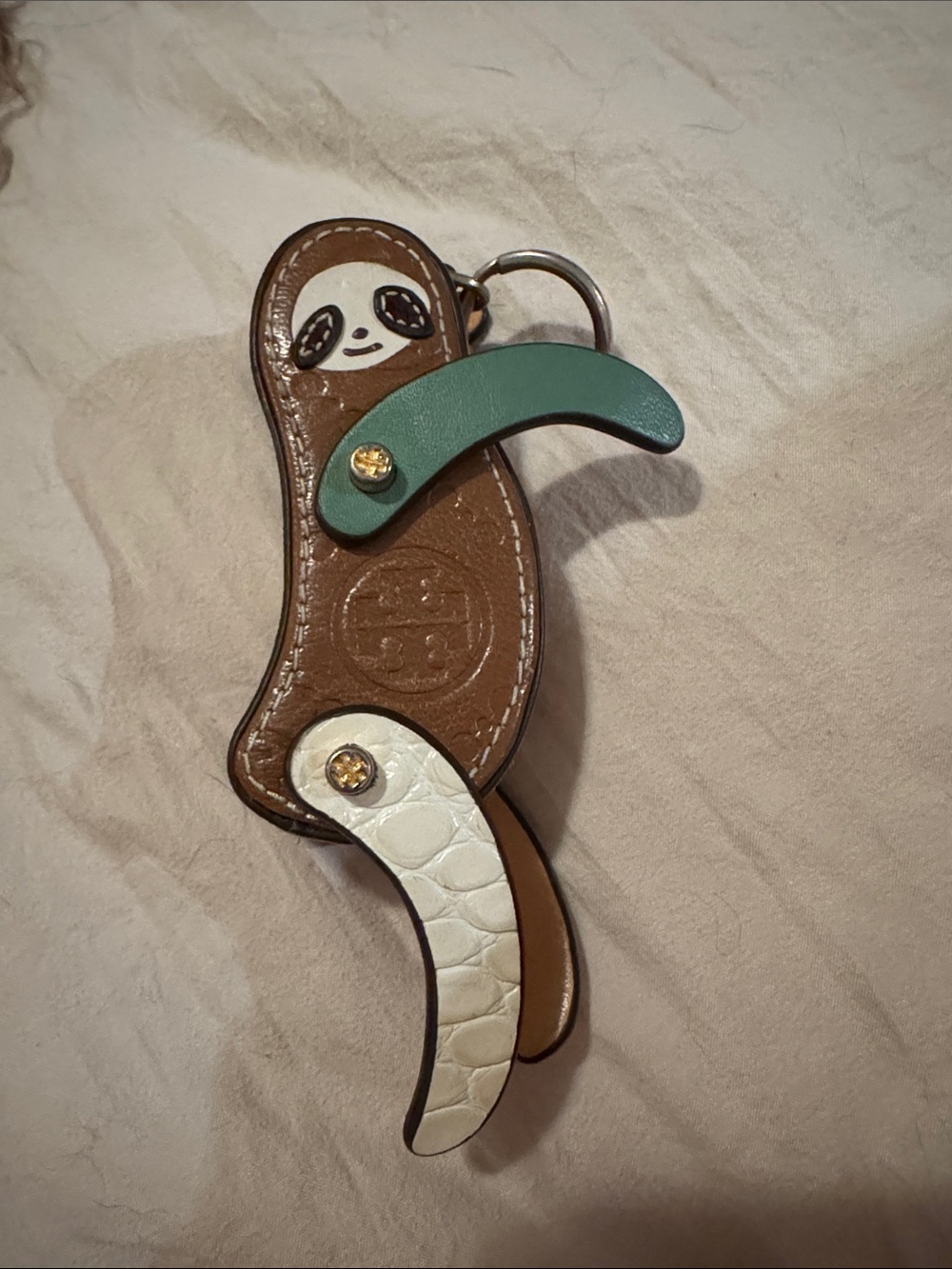 Tory Burch Brown Leather Sloth Key Charm with Green & White Accents
